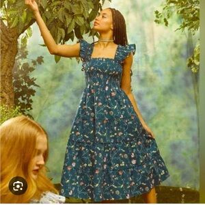 Hill House Ellie Nap Dress Green Botanical Floral Smocked Midi Size Small